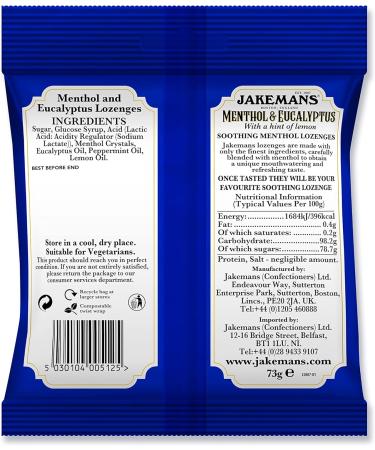 Jakemans Menthol & Eucalyptus 73g - Pack of 12 - Soothing Menthol Lozenges - Suitable for Vegetarians Clear - Buy Online on GoSupps.com