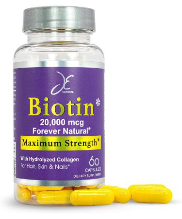 JE Natural Biotin Hair Skin and Nails Vitamins - 60 Capsules | 20000mcg with Collagen, Vitamin C, Zinc | Faster Hair Growth | Postpartum Hair Loss Solution | Women and Men's Supplements - Buy Online on GoSupps.com