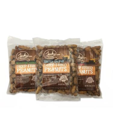 Jerky.com Whole Deep Fried Peanuts Sampler, Bulk 3 Pack - Eat Them Shell and All - Perfect Snack Food, Gourmet Flavors Include Roasted Garlic, Salted and Spicy Hot, Sugar Free - 30oz Total tester pack (all 3 flavors) 10 Ounce (Pack of 3)