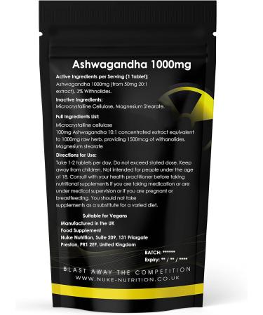 Nuke Nutrition Ashwagandha Tablets - 120 Capsules | 1000mg High Strength | Natural & Vegan | Supports Body Functions & Cognition - Buy Online on GoSupps.com