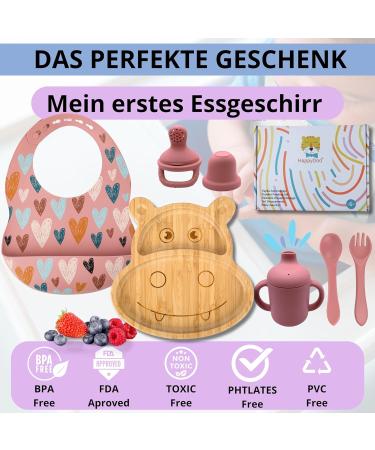 Happydoo Baby Dishes Set - 9 Pieces Bamboo Plates with Suction Cups | BPA Free Baby Tableware Gift Box - Pink Hippopotamus - Buy Online on GoSupps.com