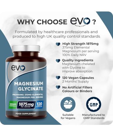 Magnesium Glycinate Supplement - 120 Vegan Capsules | 1875mg Per Serving & 375mg Elemental Magnesium | 100% Daily NRV | High Strength for Maximum Bioavailability | Made in UK by EVO Nutrition - Buy Online on GoSupps.com