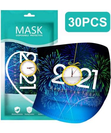 BEUU 30PCS 2021 Happy New Year Disposable_Face_Mack for Adults 3-ply Non-Woven Fabric with Elastic Earloops Fireworks Camouflage Face Bandanas for Women Men Face Balaclava - Buy Online on GoSupps.com