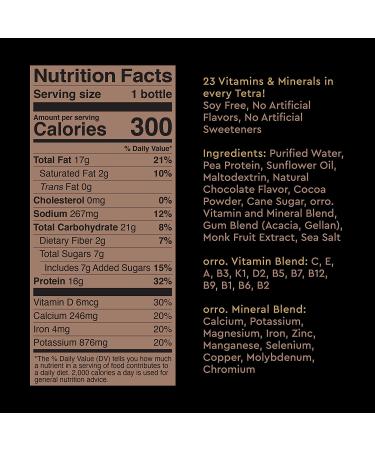 Orro Plant Based Meal Replacement Drink - Chocolate Flavor - 16g Protein - 23 Vitamins & Minerals - No Soy, Dairy, Artificial Sweeteners - 11.1 fl oz (Pack of 12) - Buy Online on GoSupps.com
