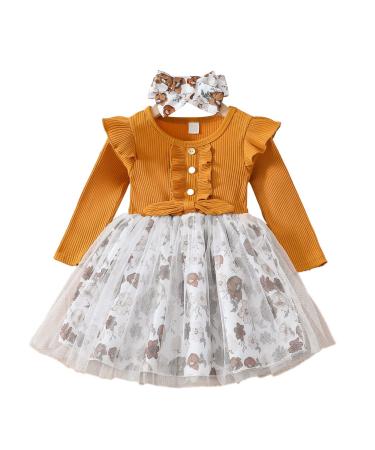 Haokaini Toddler Baby Girls Floral Dress Long Ruffle Sleeve Cotton Ribbed Bow Splicing Dress Princess Tutu Skirt Fall Clothes Set 3-4 Years Plus Khaki
