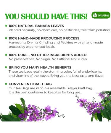 Lavendium Premium 40 Banaba Leaf Tea Bags 100% Natural & Pure from Banaba Leaves. Loose Leaf Banaba Herbal Tea. Made with Natural Tea Bags No Sugar No Caffeine No Gluten Vegan. - Buy Online on GoSupps.com