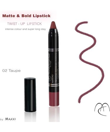  Makki Makki taupe lipstick: a bold matte twist-on shade with intense color a velvety finish very long-lasting wear (up to 18 hours) smudge-proof feather-free smooth and gliding and contains crushed pigments. - Buy Online on GoSupps.com