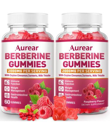 Aurear Berberine Gummies 2000mg High Potency Berberine HCI Suitable for Men Women and Children of All Ages it Supports Immune and Gut Health.Raspberry FlavorSupport - 120 Count