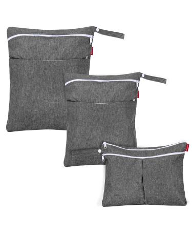 Damero 3pcs Wet Dry Bag for Cloth Diapers Nappy Bag Daycare Organiser Bag Travel Diaper Organiser Bag with 2 Zippered Pockets for Baby Diaper Travel Beach Pool Gym Bag Gery 3 Count (Pack of 1) Grey