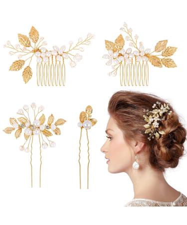 Kiiwah 4 piece of hairdressing wedding pearl flower bride hair crest rhinestone bridal jewelry bride hairpins for communion girls bride bride (gold) - Buy Online on GoSupps.com