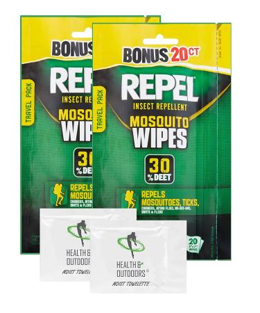 Repel 94100 Sportsmen 30-Percent Deet Mosquito Repellent Wipes, 2 Packs of 20 Count - 40 Total!