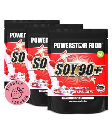 Powerstar Soy 90+ |3kg soy-protein isolate without sugar additive |Made in Germany |Genetic engineering unchanged |Vegetable protein powder with 93% protein i.tr.|Vegan & Lactose -free |Strawberry strawberry 1 kg (3 pack)
