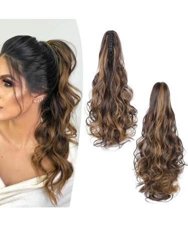 Gairyan 50cm ponytail hair part braid extensions long curly claw clip in ponytail extensions synthetic hair extensions wavy hair part hair extension for women (medium brown & dark blonde) 50 cm medium brown & dark blonde & dark blonde