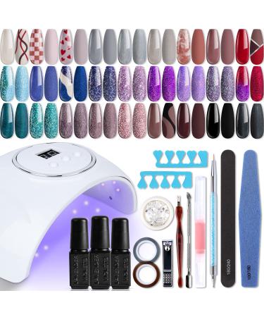 Lavender Violets 48pcs Gel Nail Polish Kit with U V Light, 27 Colors Soak Off Gel Nail Set with Soft 54W LED Nail Dryer No Wipe Base Top Coat Nail Decorations Manicure Tools All-In-One Salon Kit Q975
