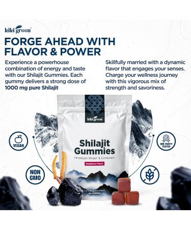 KIKI Green Shilajit Gummies - 1000 mg Pure Himalayan Shilajit Gummies with Cordyceps Extract - Trace Minerals Included - 60 Individually Packed Gummy - Raspberry Flavor - Buy Online on GoSupps.com