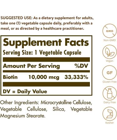 Solgar Super High Potency Biotin 10000 mcg - 120 Vegetable Capsules for Healthy Hair & Skin - Buy Online on GoSupps.com