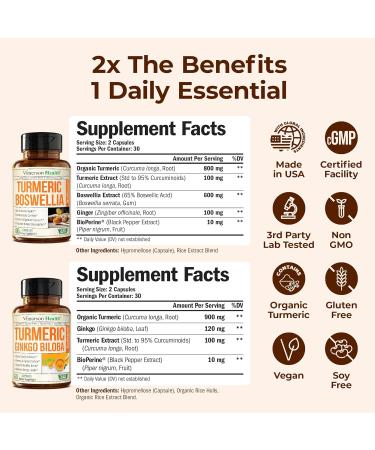 Boswellia Turmeric Curcumin Supplement + Turmeric Ginkgo Biloba Bundle Natural Turmeric Supplement for Focus Memory Joint & Brain Health with Ginger Root Curcuma Black pepper & Organic Tumeric - Buy Online on GoSupps.com