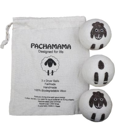 Pachamama Handmade XL Wool Tumble Dryer Balls 7cm 3 Pk Reduce Drying Time Save Energy Fabric Soften Reduce Static Reduce Wrinkles Unscented Long Life - Cute Sheep Pattern Felted by Hand Fair Trade - Buy Online on GoSupps.com