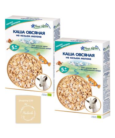 Fleur Alpine Oatmeal Baby Cereal with Goat Milk - Organic Cereal Containing 100% Whole Grain Oats - for Babies 5+ Months, No Sugar Added, Non-GMO 2-Pack 14oz, (7oz each) plus Modovik Shopping List Oatmeal with Goat Milk