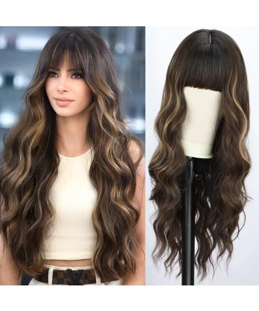 BOGSEA Brown Wigs with Bangs Long Wavy Wig for Women Brown Highlights Wigs with Bangs Synthetic Heat Resistant Fiber Wigs for Daily 26 Inch