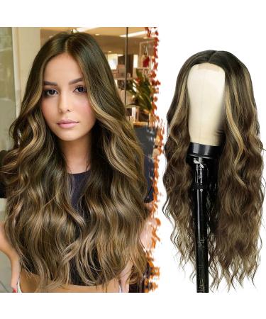 BARSDAR long wavy blonde highlight wig 66cm middle parting curly wavy balayage wig natural heat -resistant synthetic wig for women daily party (brown mix blond) brown mixed blonde