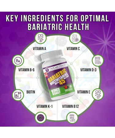 Procare Health Bariatric Multivitamin with Iron 45mg Chewable (30 Tablets) - Fruit Punch Flavor Bariatric Multivitamin Chewable Pills for Gastric Bypass & Sleeve Gastrectomy Patients (01 Month Supply) 30 Count (Pack of 1) - Buy Online on GoSupps.com