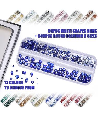 Artquee 660pcs Blue Sparkly Bling Rhinestones for Nail Art DIY Craft - Flat Back Glass Crystal Stones Set for Nail Decoration - Includes 60 Multi Shapes Gems and 600 Round Diamonds in 6 Sizes - Buy Online on GoSupps.com