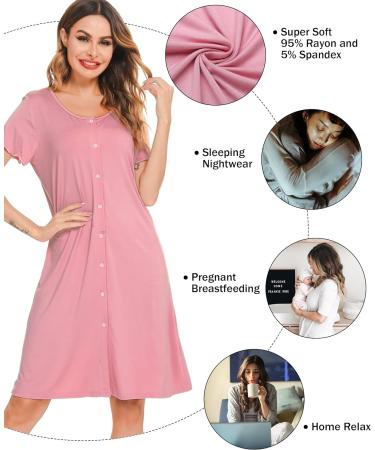 Lovasy Women's Soft Nightdress with Buttons and Pockets - Pink L - Ideal for Maternity and Nursing - Buy Online on GoSupps.com