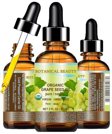 Botanical Beauty Organic GRAPE SEED OIL 100% Pure Natural VIRGIN UNREFINED Cold-Pressed Carrier Oil 2 Fl oz 60 ml for Face Skin Body Hair Lip Nails Massage. Rich in Vitamin E