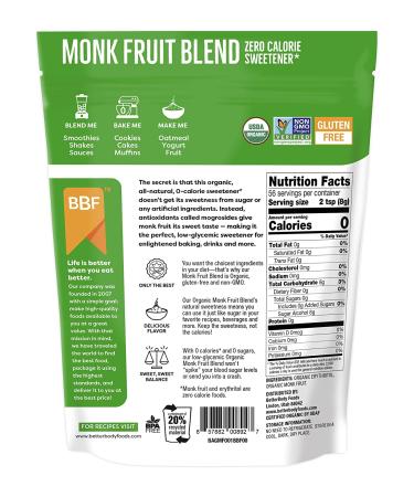 BetterBody Foods Organic Monk Fruit Sweetener Blend - Zero Calorie Raw Cane Sugar Substitute for Keto Diet - 1lb (16oz) - Baking Extract, Zero Net Carbs & Glycemic, Sugar Replacement - Buy Online on GoSupps.com