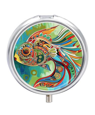 Pill Box Pill Case 3 Compartment Travel Pill Box with Colorful Fish Printing Small Pill Box Portable Medicine Pill Case Pill Organizer for Purse & Pocket for Travel Handbag (Round)