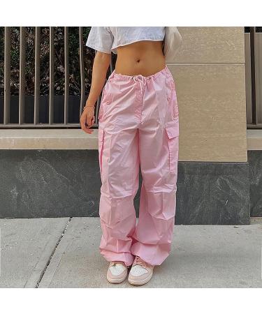 Gufesf Women's Parachute Pants - Drawstring Elastic Low Waist Sweatpants, Loose Baggy Y2K Cargo Trousers with Pockets (Ak-c-pink, X-Large) - Buy Online on GoSupps.com