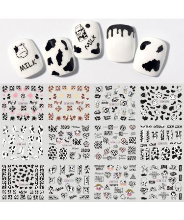 Nail Stickers  Cow Print Nail Art Stickers  Animal Butterfly Heart Design Water Transfer Nail Decals  Cute Cartoon Milk Flowers Geometric Nail Sticker for Women Girls Nail Wraps 12 Sheets Cowa