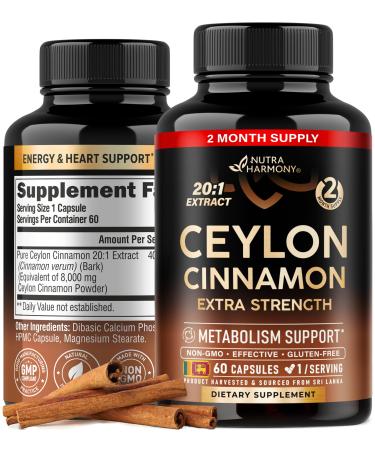 Ceylon Cinnamon Capsules - Extra Strength - Energy Heart & Metabolism Support for Men & Women - Pure Natural Cinnamon 20:1 Extract Supplement - GMO & Gluten Free - Made in USA - 60 Capsules 2 Month
