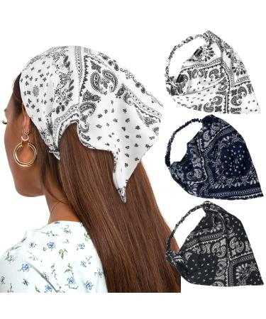 Awaytr Elastic hair band with flower pattern chiffon headscarf headband flower hair scarves with hair clips hair band anas 3 pieces cashew (black/navy blau/white) 3 count (pack of 1)