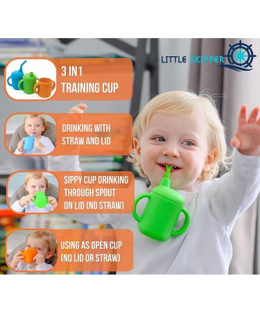 LITTLE SKIPPER Transition Sippy Cups 3pk: Silicone Toddler Cups with Teething Straw for Babies 6+ Months - Dual Teething Tube Design with Stopper, Hollow Teething Stick, Toddler Training Cup - Buy Online on GoSupps.com