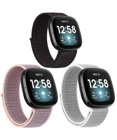 Amzpas Bands Compatible with Fitbit Versa 3 / Fitbit Sense, Soft Adjustable Breathable Replacement Wristband for Fitbit Sense/Versa 3 Smartwatch for Women (Black Sand+Pink Sand+Seashell)