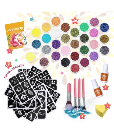 Glitter Tattoo Kids Set - 30 Colors, 147 Stencils, Brushes, Glue - Arts Glitter for Girls, Boys, Birthday, Festival - Gifts for Kids & Adults - Yellow - Buy Online on GoSupps.com