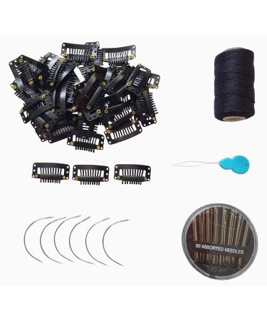 Wig Clips Set - Hair Extension Snap Hair Clips Wig Grip 9-teeth - Wigs Making Set - Weave Wefts - Needles Thread Weaving Kit - Black