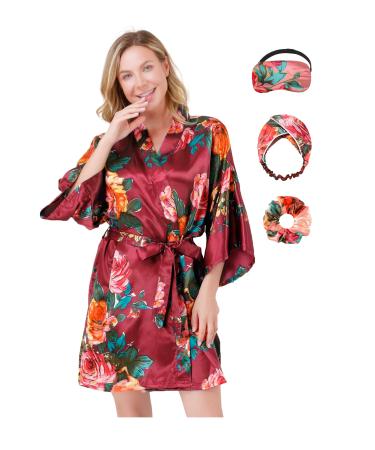 MEIKLE Silky Robes for Women Bridesmaid Bride Bridal Party Wedding Kimono with Blindfold Hair Bands Elastic Hair Scrunches Dh-burgundy L/XL