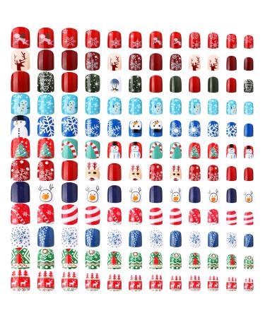 288 Pieces 12 Sets Christmas Fake Nails Short Square False Nails Glossy Press on Acrylic Nails Solid Color Full Cover Artificial Nails Christmas Snowflake Pattern Artificial Nail Tips (Delicate Style)