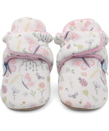 Dotty Fish Cotton Baby Booties with Suede Sole | Warm Fleece Lining | Non-Slip Pram Shoes | Stay On Slippers | 12-18 Months Soft Pink With Butterflies - Buy Online on GoSupps.com