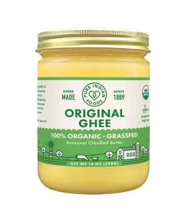 Pure Indian Foods Organic Grassfed Original Ghee, 14 oz, Pasture Raised, Gluten-Free, Non-GMO, Paleo, Keto-Friendly Cooking Fat / Oil, Clarified Butter (16 fl oz / 1 pint) 14 Ounce (Pack of 1)