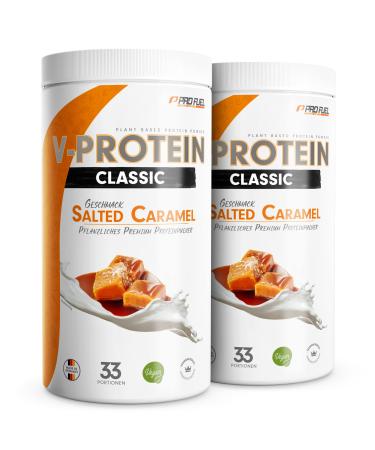 Vegan protein powder Salted Caramel 2x1kg-V-protein-vegetable protein powder on pea protein base with 72% protein content-optimal protein value-vegan protein shake without soy & wheat Salted caramel 1 kg (2 Pack)
