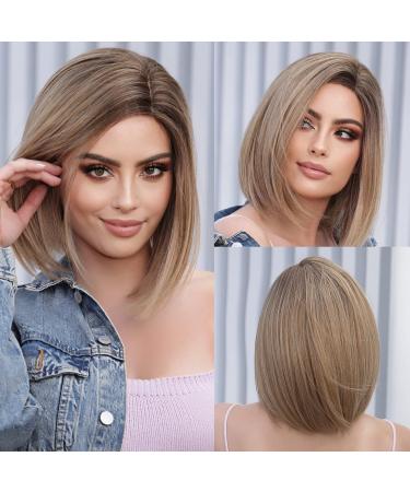 HAIRCUBE Side Part Brown Blonde Bob Wigs for Women with Highlight Front Lace Natural Wig with Dark Roots for Woman 1900 - Buy Online on GoSupps.com
