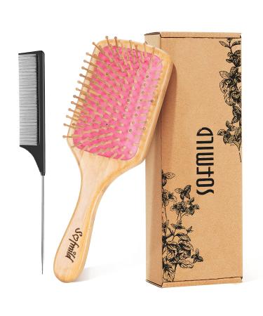 Hair Brush-Natural Wooden Bamboo Brush and Detangle Tail Comb Instead of Brush Cleaner Tool, Eco Friendly Paddle Hairbrush for Women Men and Kids Make Thin Long Curly Hair Health and Massage Scalp Pink