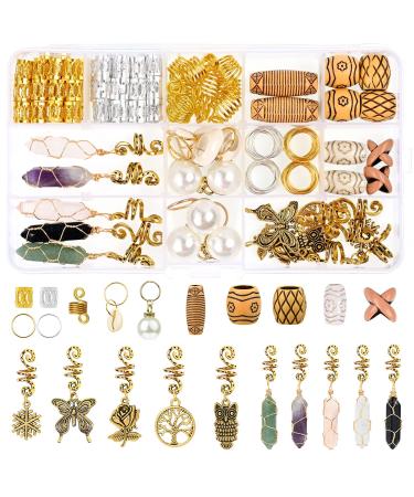 140PCS Dreadlock Jewelry Pendant Hair Jewelry for Braids Beads Hair Cuffs and Rings Jewelry Decoration for Women Crystal Ancient Gold Metal Pendant Wooden Beads Braid Accessories