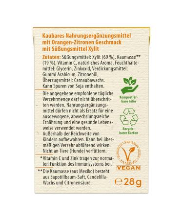Birch Gold Kau-Vitamin C & Zinc - Plastic-Free Vegan Dental Chewing Gum | Sugar-Free Natural Cauch (Chicle) | 12 Pieces - Eco-Friendly Orange Lemon Flavor - Buy Online on GoSupps.com