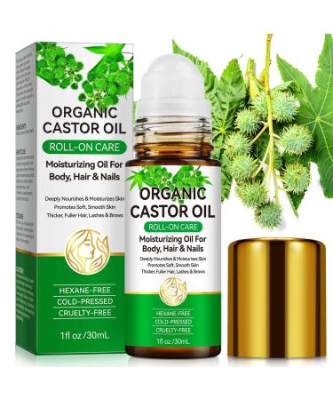 Castor Oil Roll On Glass Bottle 100% Pure Cold Pressed Castor Oil Roll On for Belly Face Under Eyes Body Skin and Hair Moisturizing & Multi-purpose Easy Application and Absorb for Hair Growth 1oz