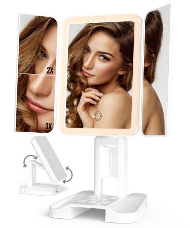 Makeup Mirror with Lights and Magnification, Trifold Lighted Makeup Mirror White Trifold